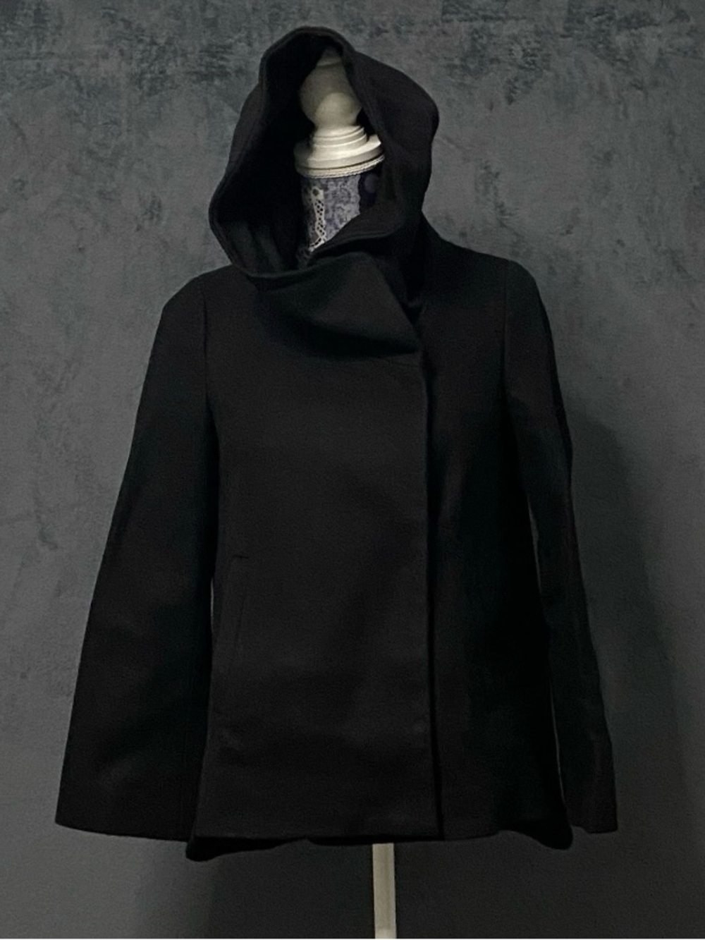 Zara Womens Black Winter Coat XS Hooded Snap Front Wool Blend Thick Jacket